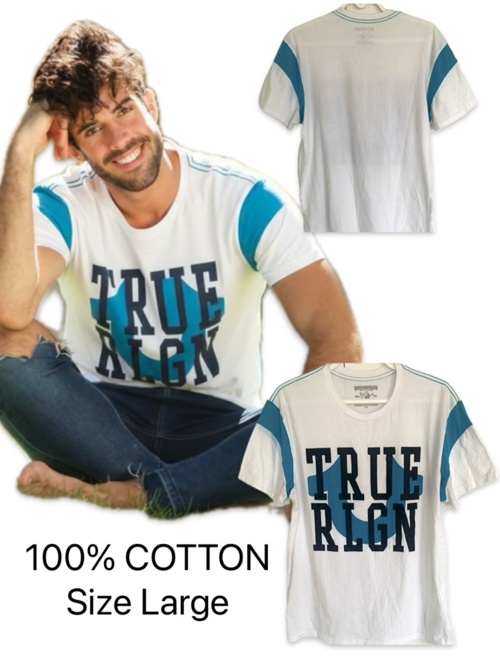 True Religion White Cotton Graphic Tee Blue Accent Contrast Stitch Large